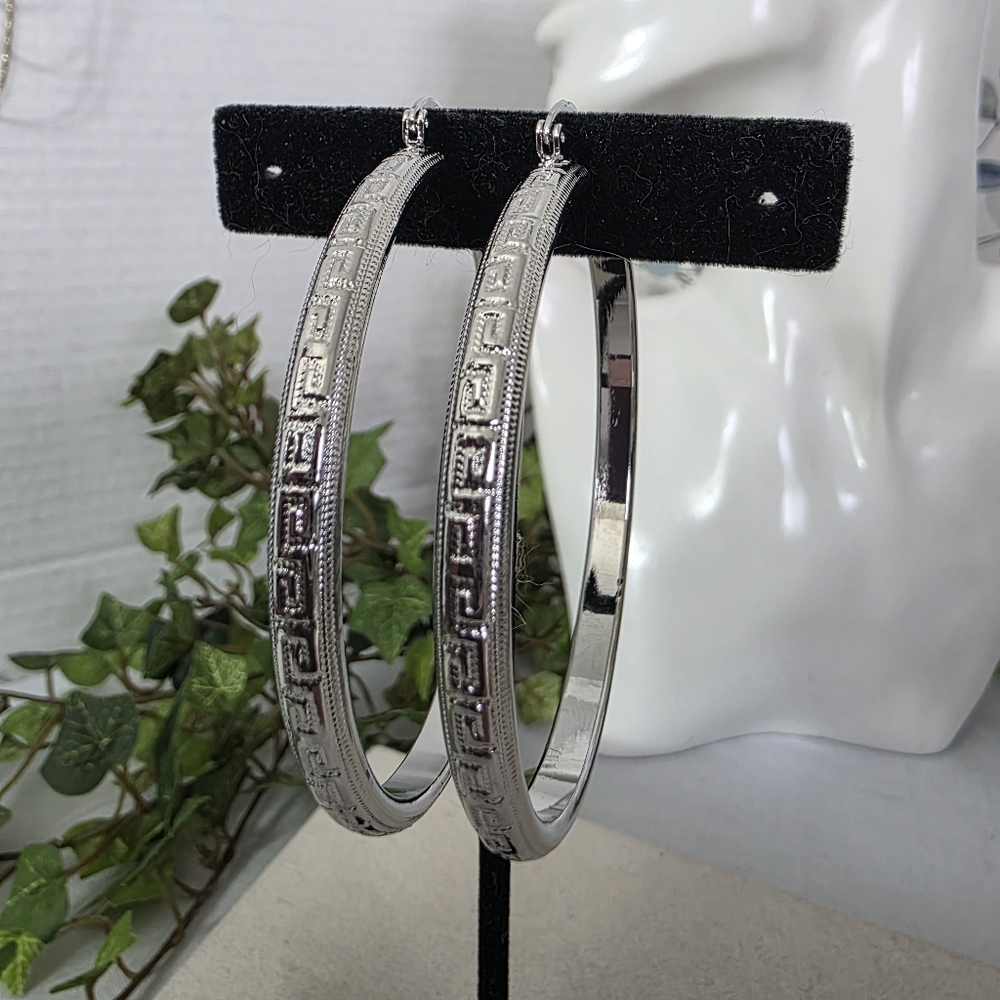 Large Silver Gold Filled Hoop Earrings With Greek Key Design